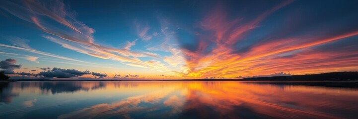 Fototapeta premium Scenic view of sun setting over a calm lake, with vibrant colors reflecting in the water, beauty, sunset