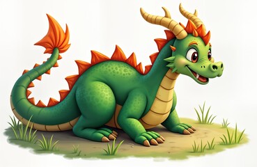 Fototapeta premium Green cartoon dragon with orange spikes, yellow horns sits on ground with grass. Dragon smiling, looks happy. Cute animal character, 2024 Chinese New Year. For greeting card, banner, design,