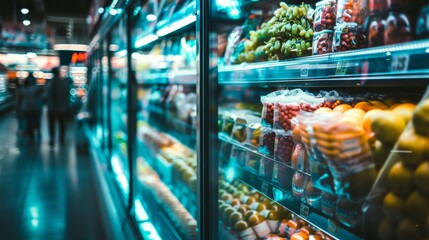 Aisle of refrigerated produce section in grocery store with vibrant lighting