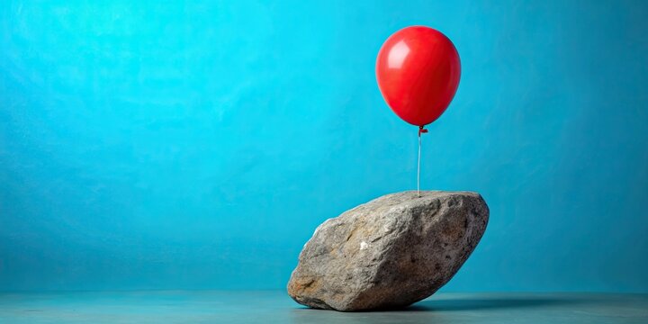 Red balloon weighed down by heavy stone on blue background, red, balloon, stone, heavy, weight, concept, contrast, color