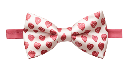 White bow tie with red hearts pattern. Tie for men fashion accessory. Silk fabric with red heart print for Valentines Day. Romantic, elegant, stylish. Bowtie for wedding, birthday, celebration. Png.