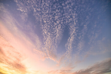 A beautiful sky tinted by the sun leaving vibrant shades of gold, pink, blue and multicolored. Clouds in the twilight evening and morning sky. Cloudy sky background in the evening, and during the day.