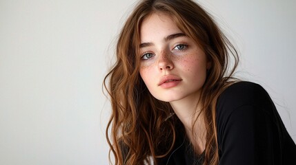 Thoughtful Young Woman in Studio Shot Capturing a Moment of Reflection and Serenity with Soft Lighting and Natural Beauty