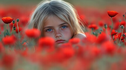 Naklejka premium A young girl is laying in a field of red flowers. The flowers are in full bloom and the girl is surrounded by them. Scene is peaceful and serene, as the girl is enjoying the beauty of the flowers