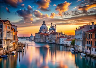 Obraz premium Captivating View from the Accademia Bridge to the Stunning Cathedrale Maria della Salute in Venice, Showcasing Architectural Beauty and Canal Serenity Under a Clear Blue Sky