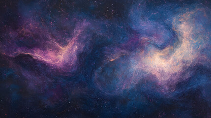 A cosmic abstract background with swirling nebulae, stars, and deep blues, purples, and pinks, capturing the mystery and beauty of the universe, with soft textures and glowing accents, ideal for celes