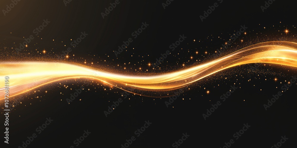 Poster abstract glowing gold wave with sparkling particles. shiny curved line on black background. golden g
