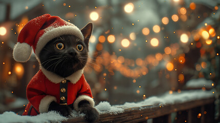 A black kitten dressed in a red Santa suit stands on a snowy ledge, surrounded by warm, blurred Christmas lights in the background, capturing a charming and festive outdoor winter scene filled with ho