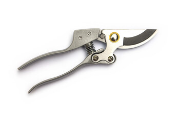 Silver garden secateurs isolated on a white background.