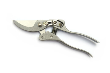 Silver garden secateurs isolated on a white background.