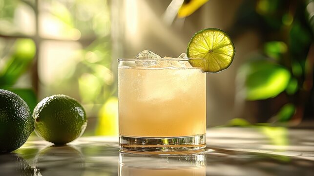 Refreshing summer cocktail with lime garnish.