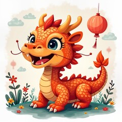 Fototapeta premium Cute cartoon dragon, symbol of Chinese New Year. Baby dragon stands on grass, looking up. Festive red lantern hangs in the air. Perfect for kid books, greeting cards, celebration design.