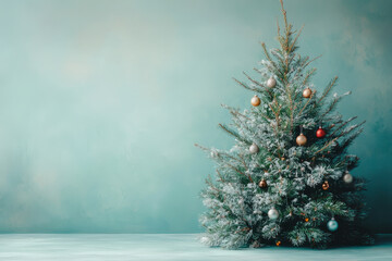 Elegant and Serene Christmas Tree Decorated with Shiny Ornaments on a Soft Teal Background Creating a Magical Holiday Atmosphere for Celebrations and Gatherings