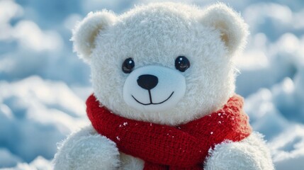 Soft, Fluffy White Teddy Bear Wearing a Bright Red Scarf Surrounded by Snow, Perfect for Winter-Themed Decorations and Holiday Gifting Ideas