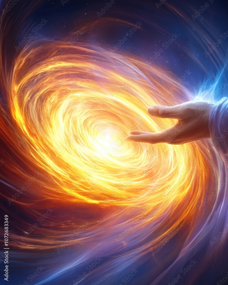 Poster a mystical hand reaching into a swirling cosmic vortex, illuminating the void of space with energy