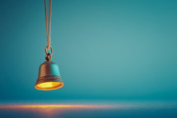 Obraz premium A Beautifully Crafted Bell Hanging from a String in a Soft-Gradient Background of Blue and Warm Yellow Light, Ideal for Holiday or Decorative Themes