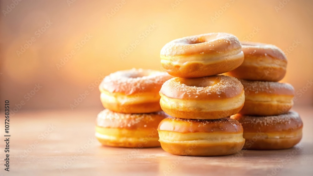 Poster a stack of glazed donuts with powdered sugar dusted on top, with a soft, warm background, ready to b