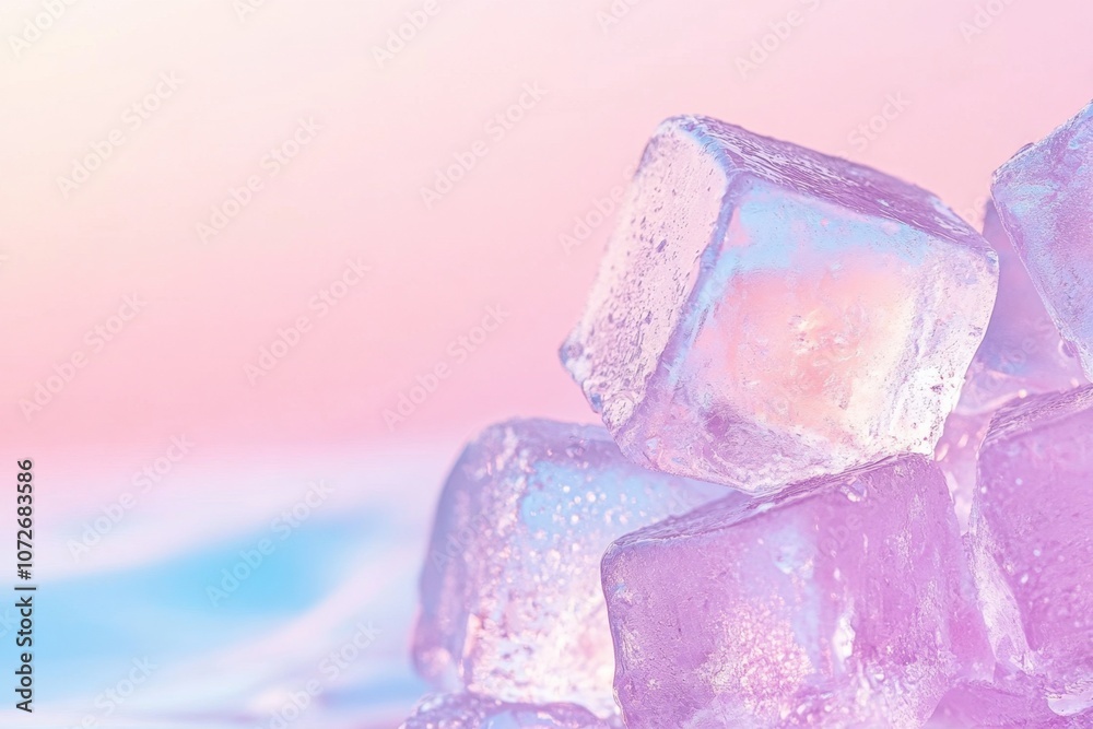 Poster Melting Ice Cubes Release Vibrant Pigments, Blending Soft Colors in an Abstract Display