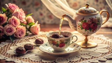 Fototapeta premium A porcelain teapot pouring tea into a delicate cup adorned with floral patterns, resting on a lace tablecloth, accompanied by sweet treats