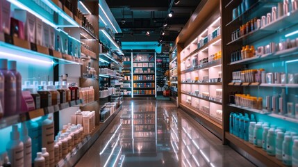 Modern cosmetic store aisle with illuminated shelves