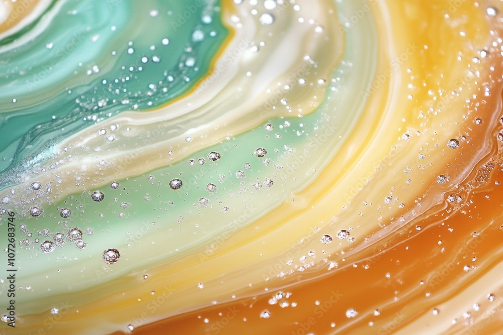 Poster swirling oil and water droplets create iridescent patterns in a mesmerizing macro exploration