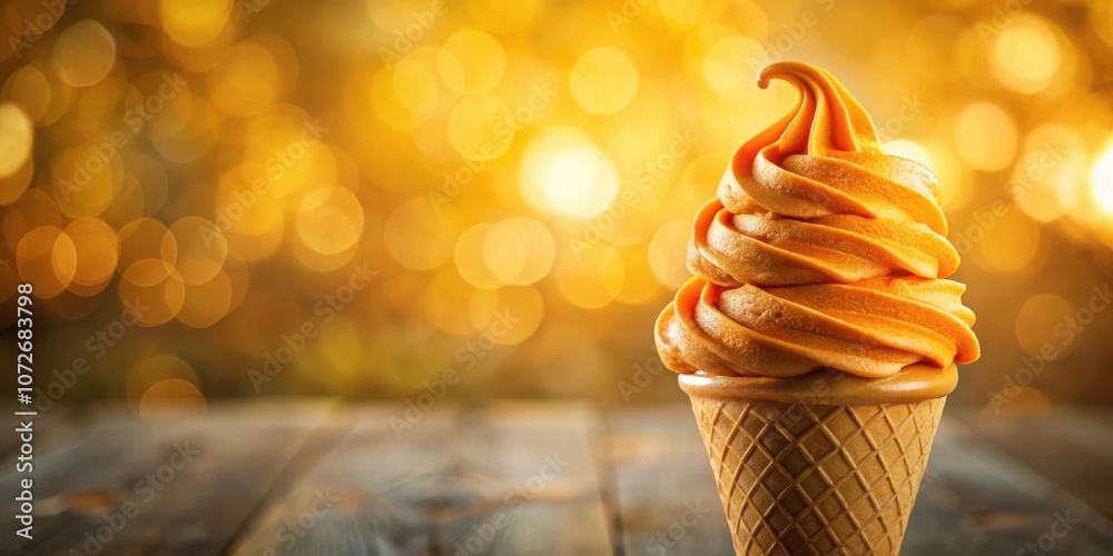 Poster A golden soft-serve ice cream cone sits on a wooden table with a warm, blurred background of golden bokeh
