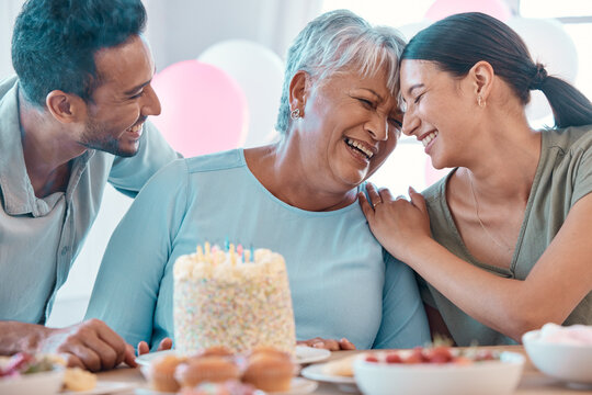 Man, woman and senior parent with party, smile and cake for love and birthday celebration. Home, family and event with laughing, support and gratitude for retirement and holiday bonding with daughter