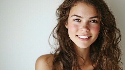 Fototapeta premium Attractive Young Woman Posing with Bright Smile Against Light Background, Exuding Joy and Confidence, Perfect for Portraits and Lifestyle Photography