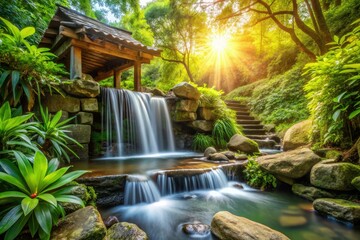 Fototapeta premium Serene Waterfall and Rustic Well Amid Lush Greenery for Tranquil Escape - Nature Escape, Waterfall Serenity, Green Landscape, Rustic Charm