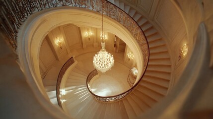Elegant spiral staircase under a grand chandelier in a luxury home