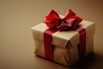 Obraz premium Beautifully Wrapped Gift Box with Red Ribbon on Brown Background, Perfect for Celebrations, Holidays, Birthdays, and Special Occasions, Elevate Your Gifting Experience