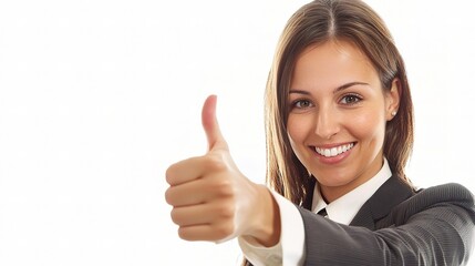Enthusiastic Businesswoman Giving a Thumbs-Up Gesture with a Smile in Professional Attire Against a Bright Background for Positive Representations