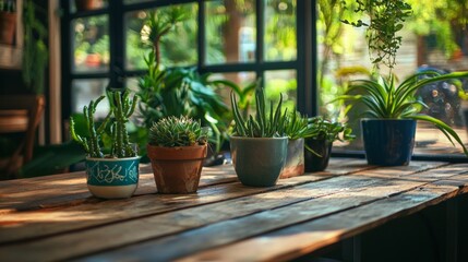 Indoor potted succulents on a wooden table with natural light