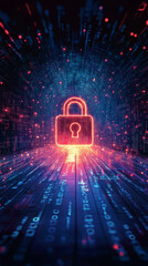 digital landscape featuring glowing padlock surrounded by flowing binary code, symbolizing cybersecurity and data protection. vibrant colors create futuristic atmosphere