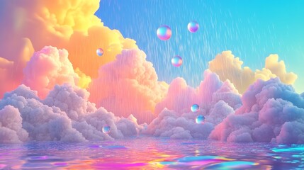 Dazzling Dreamscape with Colorful Clouds and Glimmering Water Droplets in a Surreal Sky, Evoking Imagination and Serenity in a Vivid Fantasy Scene
