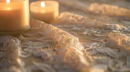 Soft candlelight casts a romantic glow on the intricate lace patterns of the tablecloth creating a dreamy ambiance for an intimate evening.