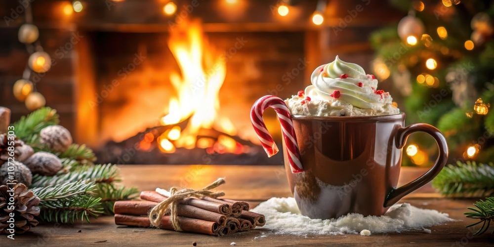 Poster a mug of hot cocoa topped with whipped cream and candy cane resting on a wooden table beside a cozy 