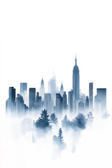 Naklejka premium Blue watercolor painting of city skyline with offices and skyscraper