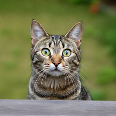 Fototapeta premium A cute tiger-striped kitten with bright eyes makes a shocked expression.