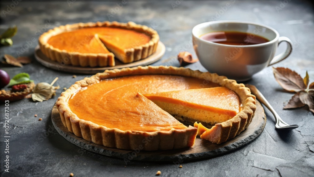 Poster a slice of pumpkin pie on a rustic wooden board with a cup of tea and autumn leaves in the backgroun