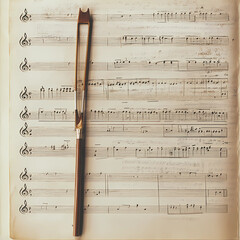 Fototapeta premium Violin Bow with Orchestral Music Sheet Background Highlighting Classic Musical Performance and Artistry