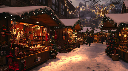 A traditional Christmas market with stalls selling handcrafted ornaments and gifts.A traditional Christmas market with stalls selling handcrafted ornaments and gifts.