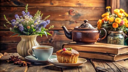 Fototapeta premium A cup of tea, a freshly baked muffin, and a teapot rest on a wooden table, creating a comforting scene. A bouquet of flowers and an old book add to the warmth and nostalgia of the moment.
