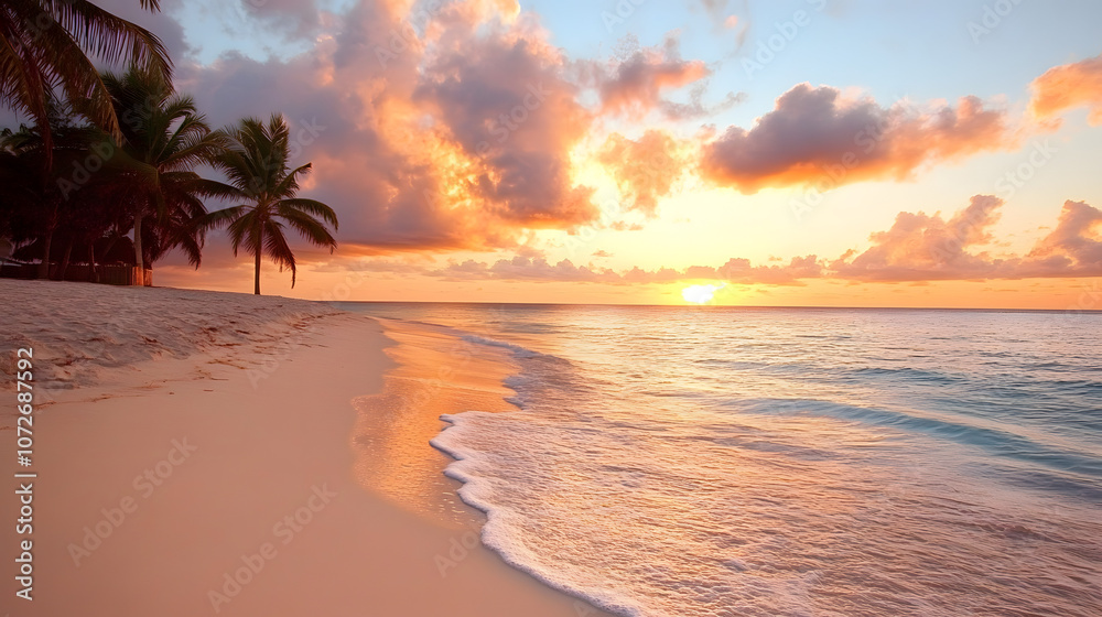 Wall mural a tranquil beach at dusk with soft waves and the sound of seagulls in the distance.a tranquil beach 
