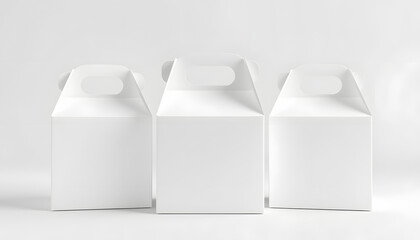 White three blank mockup paper pastries candies box with handle in grey background isolated with white highlights, png