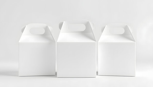 White three blank mockup paper pastries candies box with handle in grey background isolated with white highlights, png