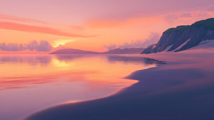 A tranquil beach at dusk with soft waves and the sound of seagulls in the distance.A tranquil beach at dusk with soft waves and the sound of seagulls in the distance.