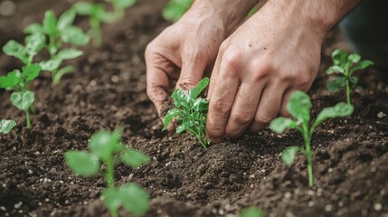 Hands Planting Seedlings in Community Garden Soil