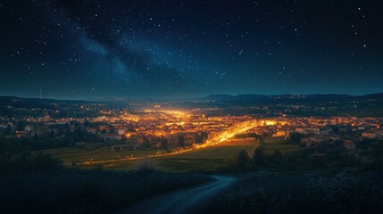 Naklejka premium Night View of Town with Milky Way and Stars.