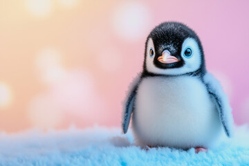 Naklejka premium Adorable Baby Penguin with Soft Feathers and Expressive Eyes Against a Gentle Pastel Background in a Heartwarming Winter Setting